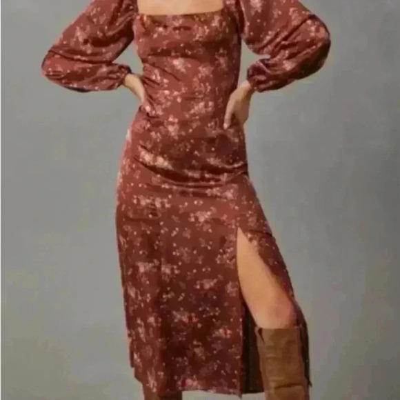 Vici Women's Floral Square Neckline Puff Sleeve Midi Slit Brown Pretty Dress S - Picture 3 of 16